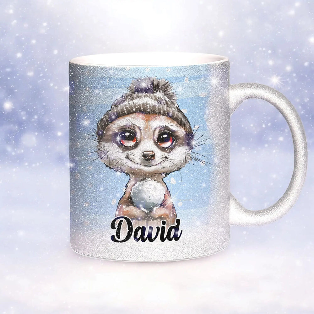 Glitzertasse - Winterliches Erdmännchen - Wunschnamen Tasse - Weihnachten - Silber Glitzer - Personalisierbar - Sunnywall - Individualität trifft Design