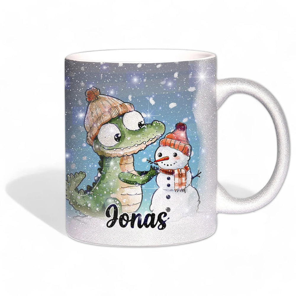 Glitzertasse - Winterliches Krokodil mit Schneemann - Wunschnamen Tasse - Weihnachten - Silber Glitzer - Sunnywall - Individualität trifft Design