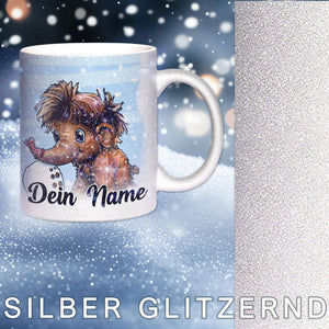 Glitzertasse - Winterliches Mammut - Wunschnamen Tasse - Weihnachten - Silber Glitzer - Personalisierbar - Sunnywall - Individualität trifft Design