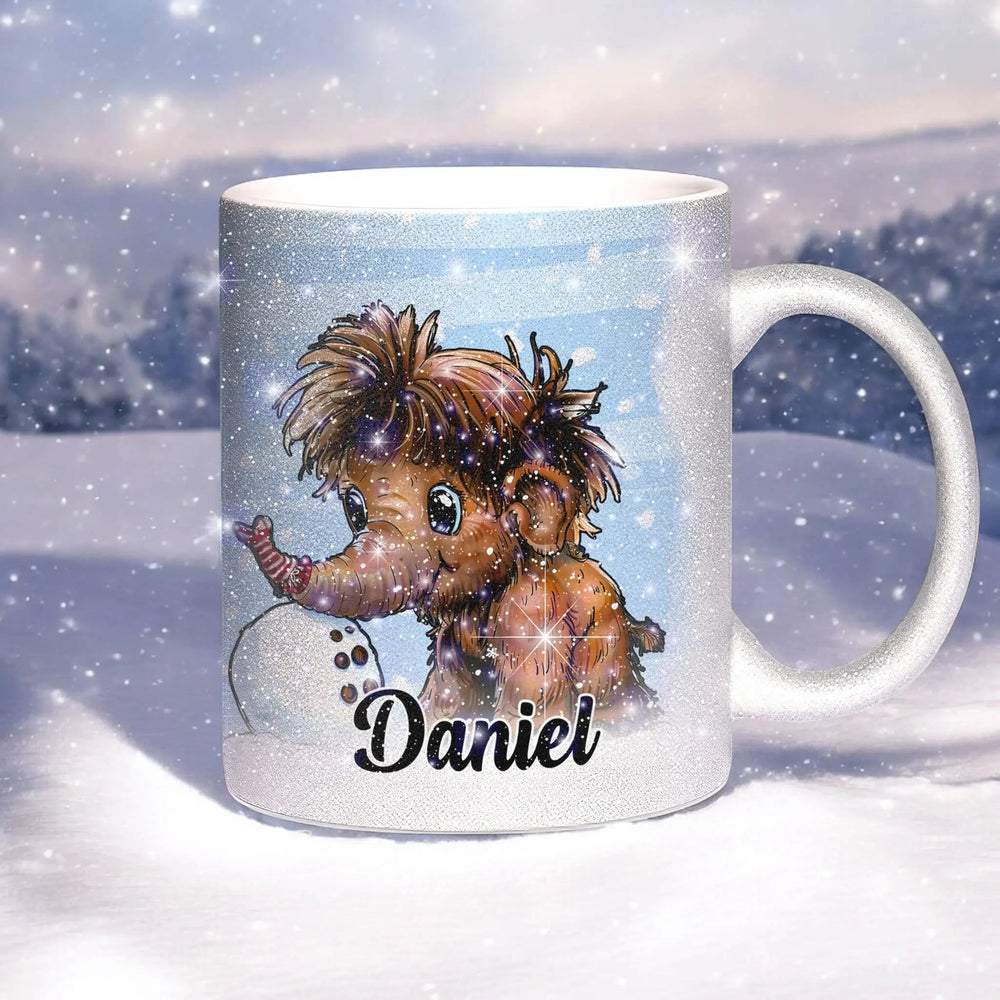 Glitzertasse - Winterliches Mammut - Wunschnamen Tasse - Weihnachten - Silber Glitzer - Personalisierbar - Sunnywall - Individualität trifft Design