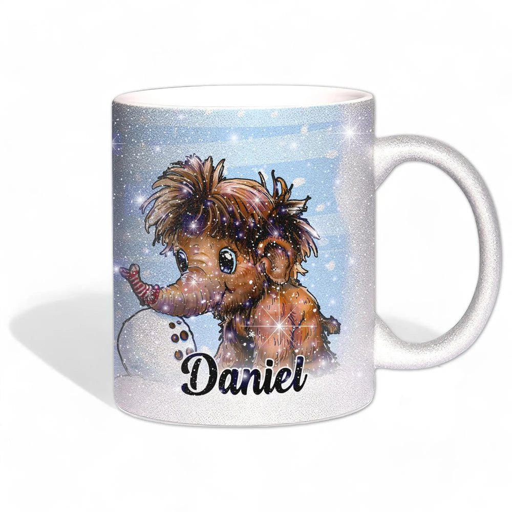 Glitzertasse - Winterliches Mammut - Wunschnamen Tasse - Weihnachten - Silber Glitzer - Personalisierbar - Sunnywall - Individualität trifft Design
