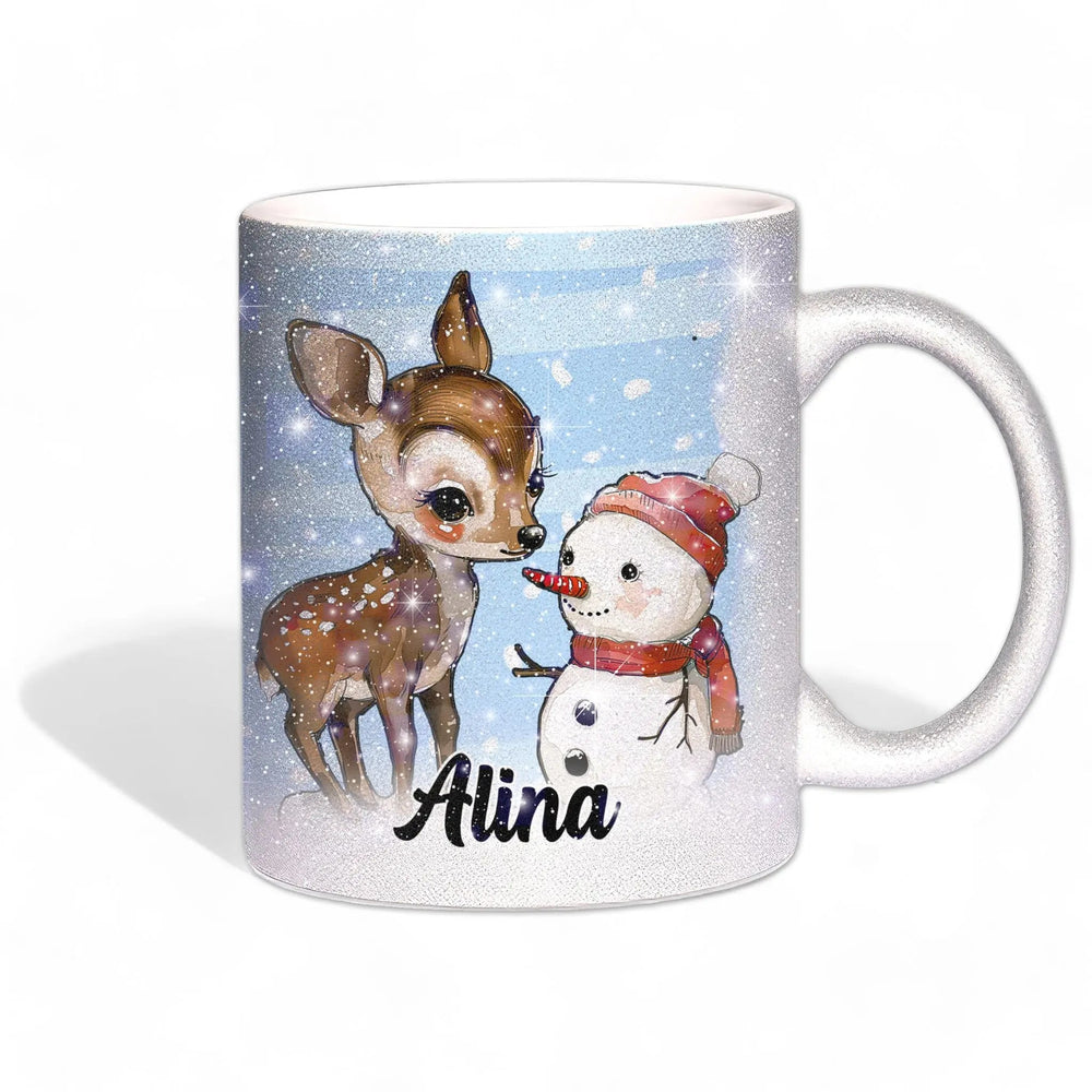 Glitzertasse - Winterliches Rehkitz mit Schneemann - Wunschnamen Tasse - Weihnachten - Silber Glitzer - Sunnywall - Individualität trifft Design