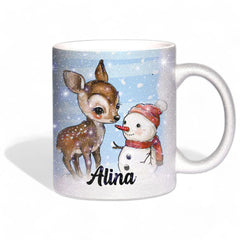 Glitzertasse - Winterliches Rehkitz mit Schneemann - Wunschnamen Tasse - Weihnachten - Silber Glitzer - Sunnywall - Individualität trifft Design