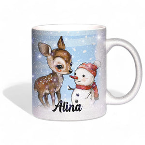 Glitzertasse - Winterliches Rehkitz mit Schneemann - Wunschnamen Tasse - Weihnachten - Silber Glitzer - Sunnywall - Individualität trifft Design