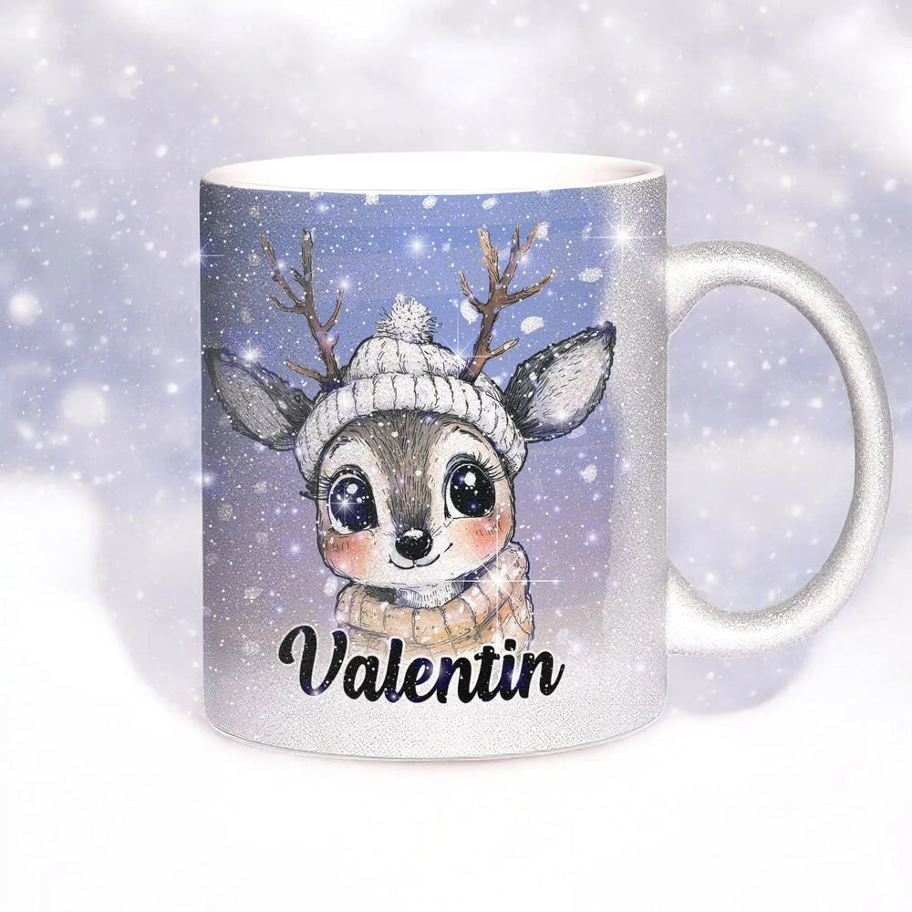 Glitzertasse - Winterliches Rentier - Wunschnamen Tasse - Weihnachten - Silber Glitzer - Sunnywall - Individualität trifft Design