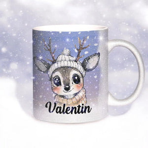 Glitzertasse - Winterliches Rentier - Wunschnamen Tasse - Weihnachten - Silber Glitzer - Sunnywall - Individualität trifft Design