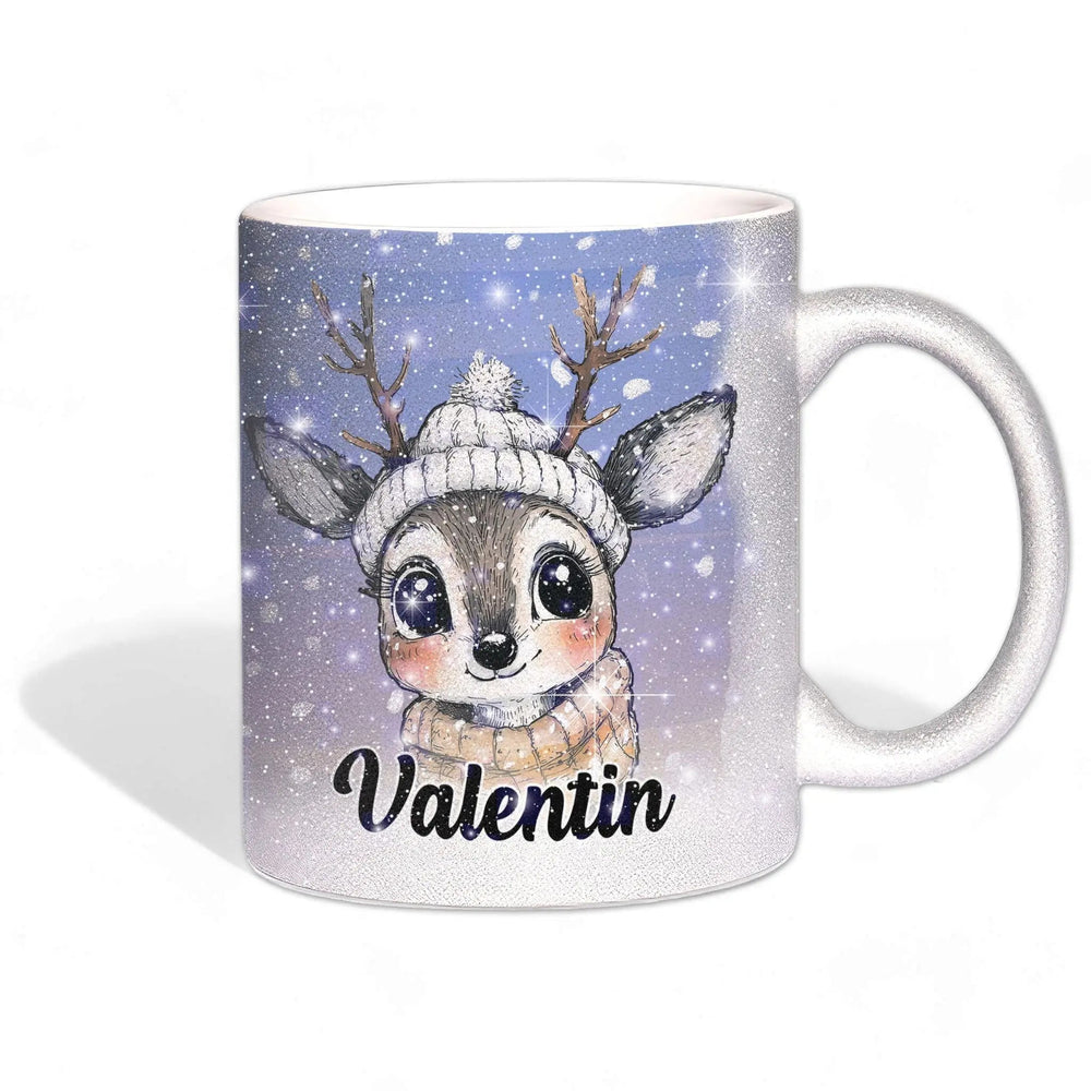 Glitzertasse - Winterliches Rentier - Wunschnamen Tasse - Weihnachten - Silber Glitzer - Sunnywall - Individualität trifft Design