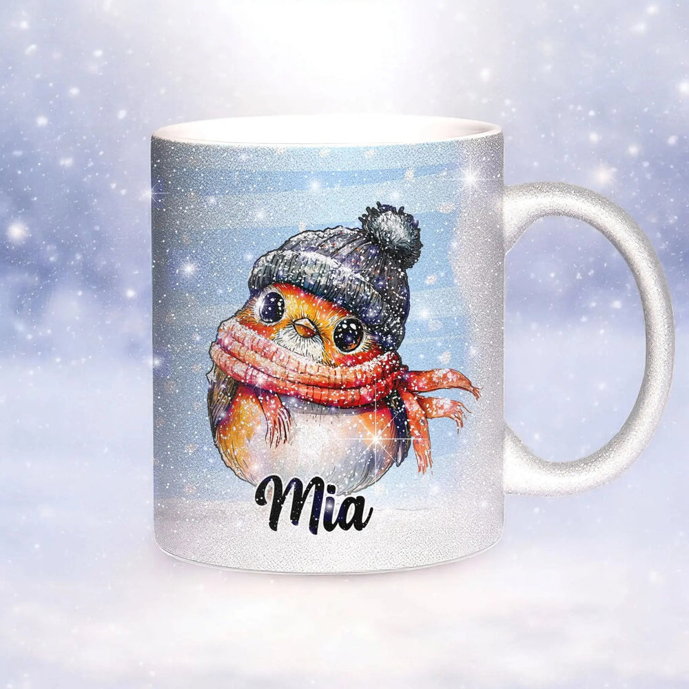 Glitzertasse - Winterliches Rotkehlchen - Wunschnamen Tasse - Weihnachten - Silber Glitzer - Personalisierbar - Sunnywall - Individualität trifft Design