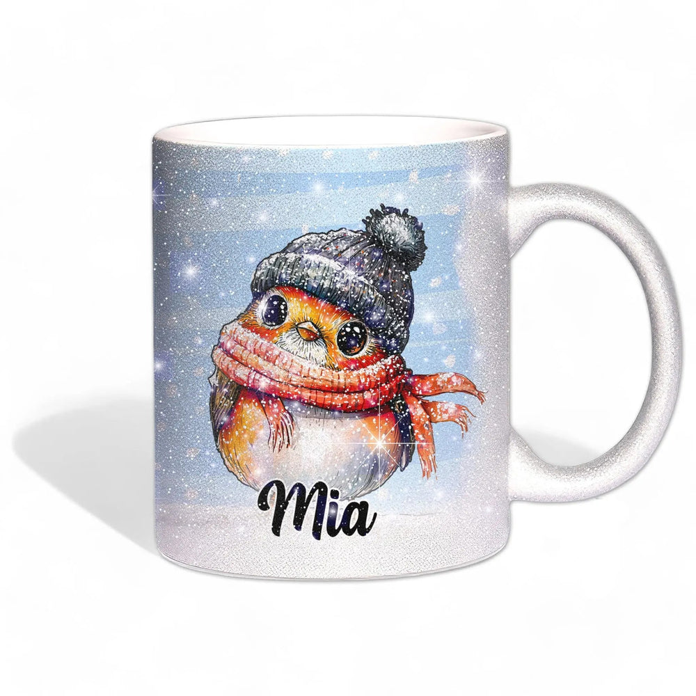 Glitzertasse - Winterliches Rotkehlchen - Wunschnamen Tasse - Weihnachten - Silber Glitzer - Personalisierbar - Sunnywall - Individualität trifft Design