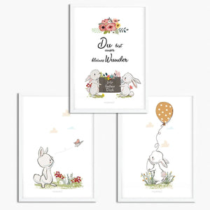 Hasen Poster Set Kinderzimmer - A4 - Bilder Kinderzimmer 3er Set - Sunnywall - Individualität trifft Design