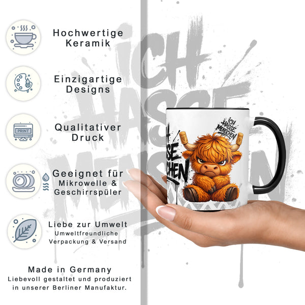 Highland Kuh Tasse „Ich hasse Menschen“ – Lustige Kaffeetasse - Sunnywall - Individualität trifft Design