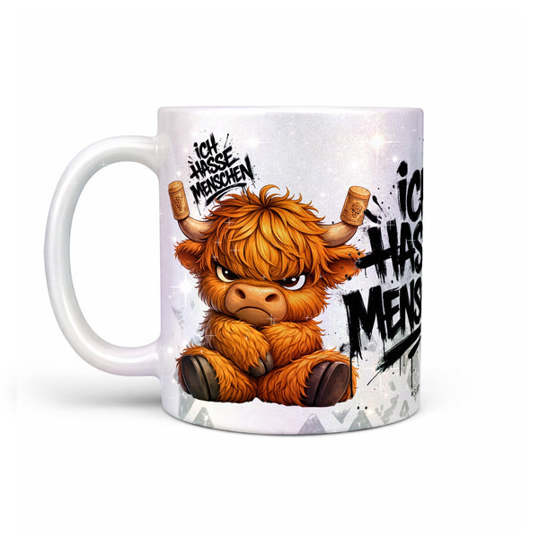 Highland Kuh Tasse „Ich hasse Menschen“ – Lustige Kaffeetasse - Sunnywall - Individualität trifft Design