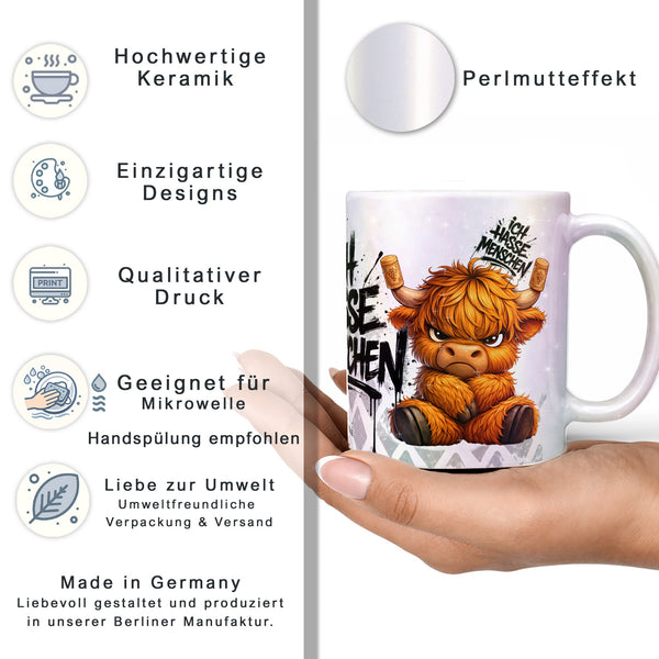 Highland Kuh Tasse „Ich hasse Menschen“ – Lustige Kaffeetasse - Sunnywall - Individualität trifft Design