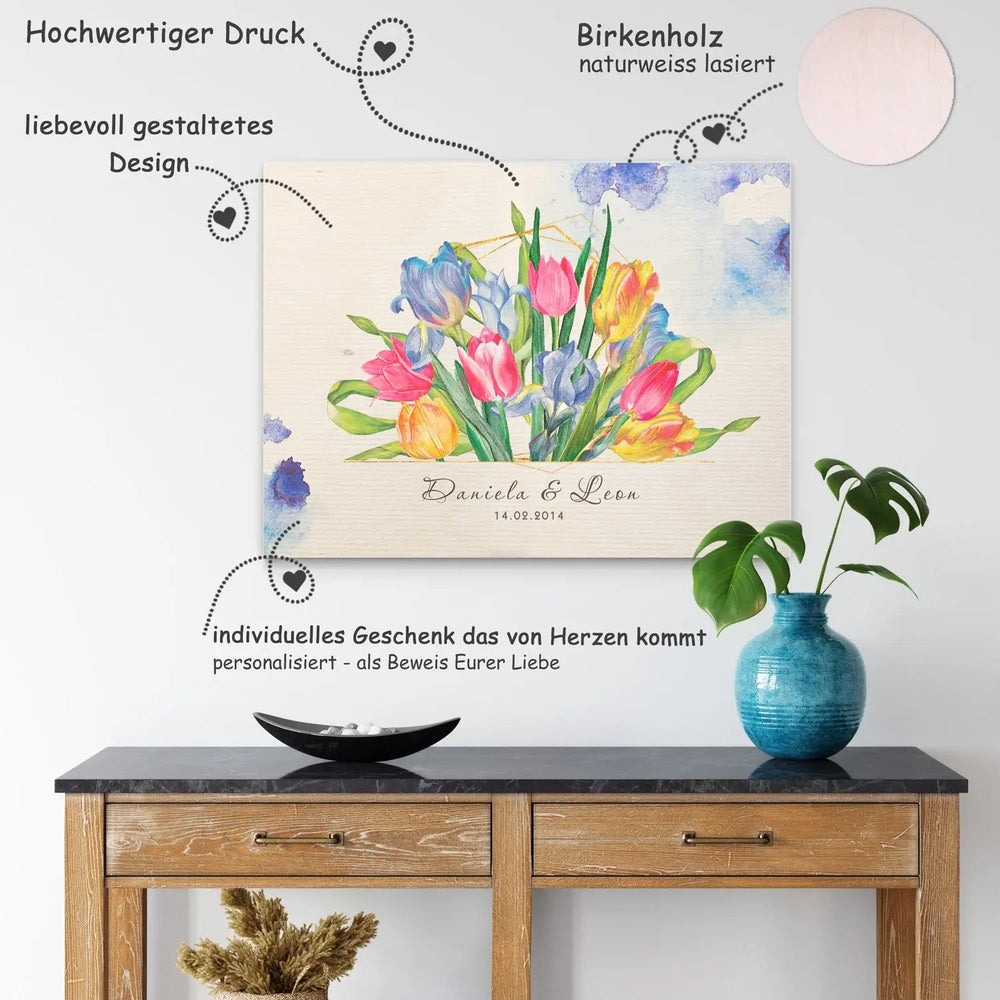 Holzbild Blumen Liebe – farbenfroher Tulpenstrauß mit Namen personalisiert - Sunnywall - Individualität trifft Design