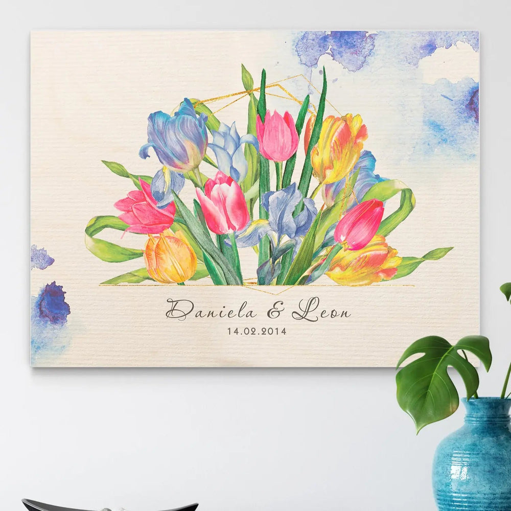 Holzbild Blumen Liebe – farbenfroher Tulpenstrauß mit Namen personalisiert - Sunnywall - Individualität trifft Design
