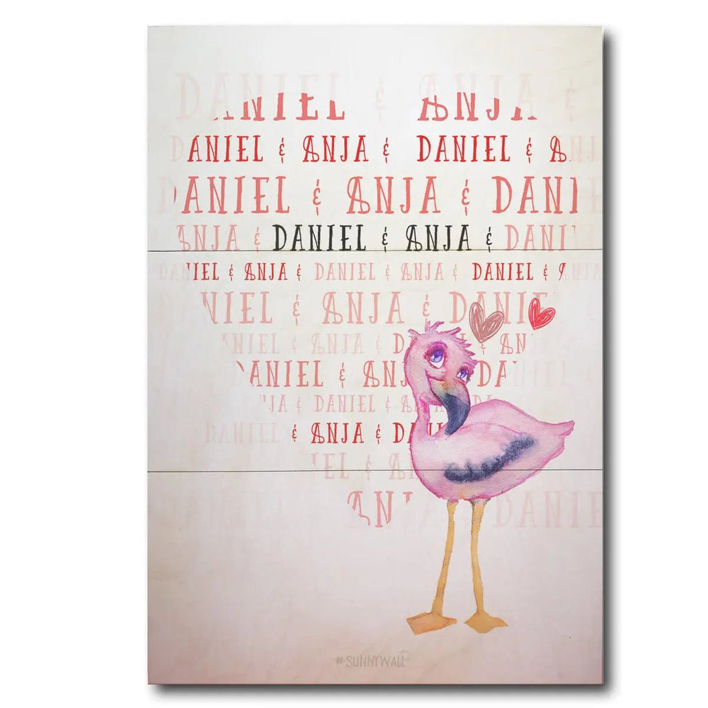 Holzbild Flamingo Liebe – personalisiertes Design mit Wunschnamen - Sunnywall - Individualität trifft Design