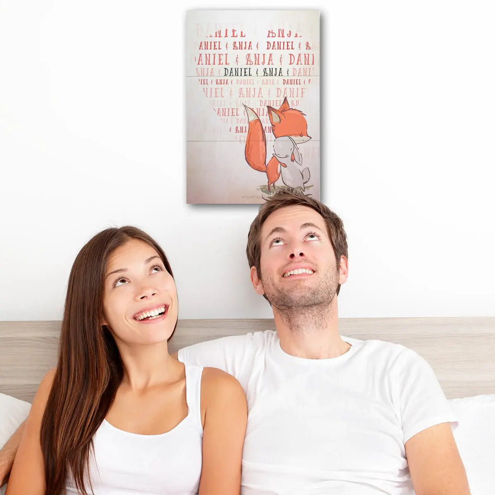 Holzbild Fuchs Hase Liebe – personalisiertes Motiv mit Wunschnamen - Sunnywall - Individualität trifft Design