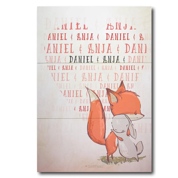 Holzbild Fuchs Hase Liebe – personalisiertes Motiv mit Wunschnamen - Sunnywall - Individualität trifft Design