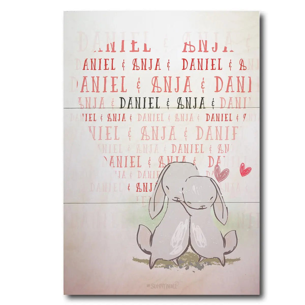 Holzbild Hase Liebe – süßes Hasenpaar mit Wunschnamen - Sunnywall - Individualität trifft Design