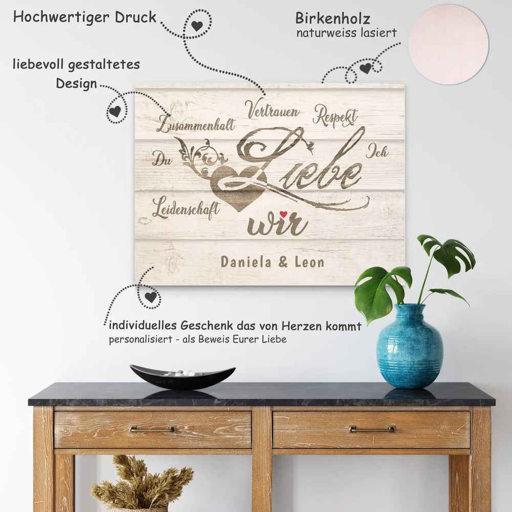 Holzbild Liebe ist wir mit Namen personalisiert – Wandbild für Paare - Sunnywall - Individualität trifft Design