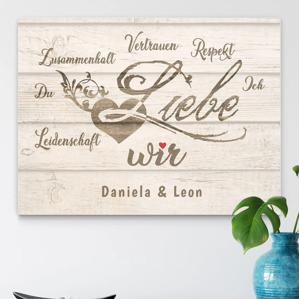 Holzbild Liebe ist wir mit Namen personalisiert – Wandbild für Paare - Sunnywall - Individualität trifft Design