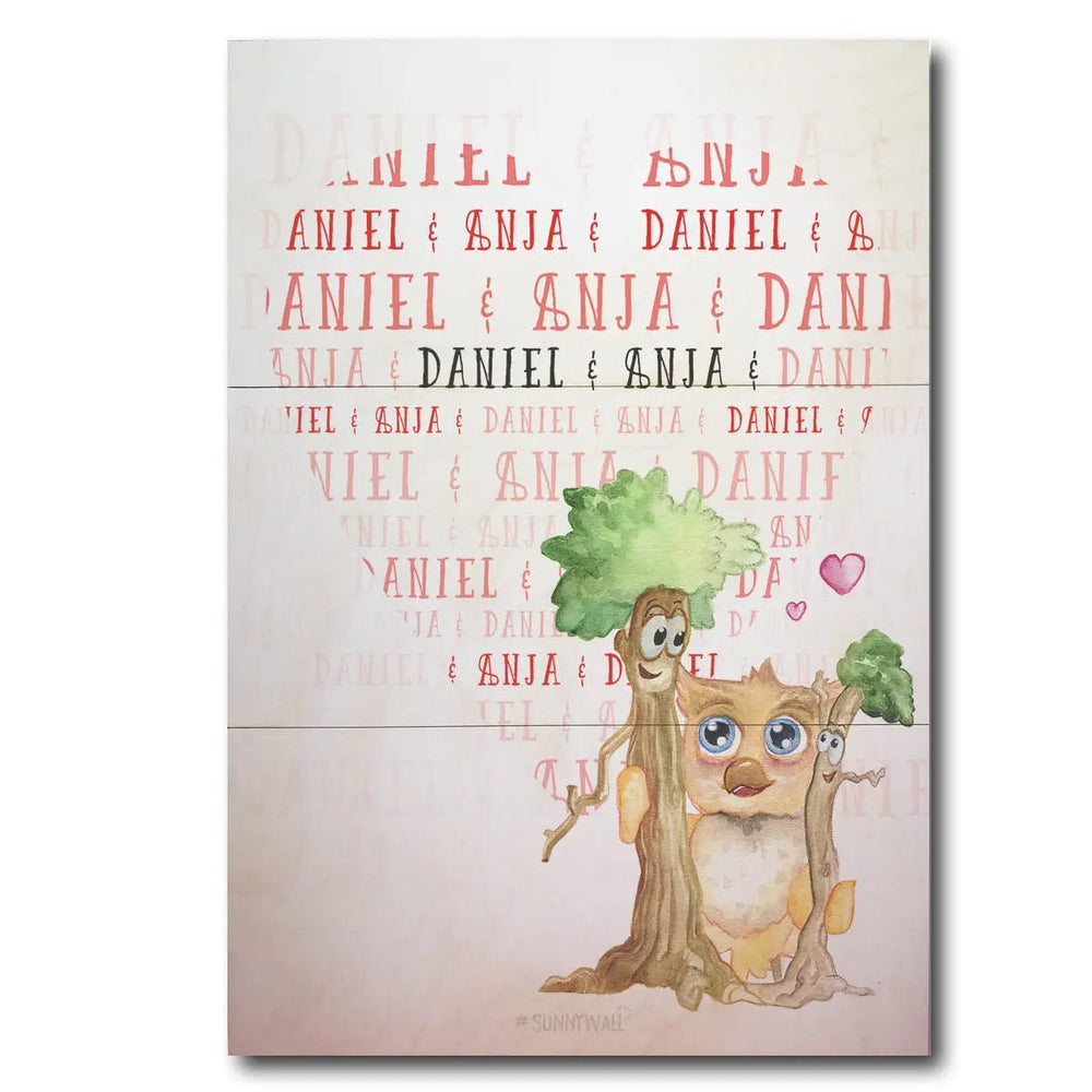 Holzbild Liebe mit Namen – Eule & Baum Design mit Herz - Sunnywall - Individualität trifft Design