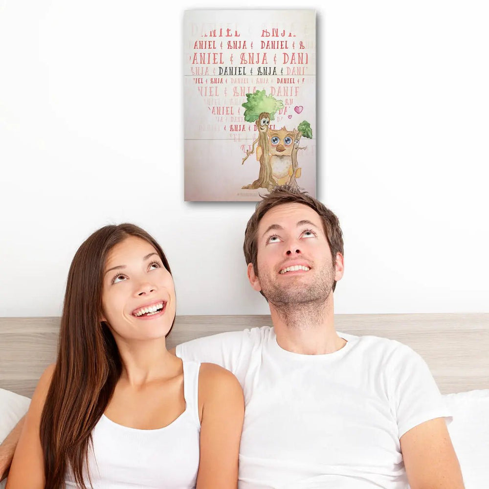 Holzbild Liebe mit Namen – Eule & Baum Design mit Herz - Sunnywall - Individualität trifft Design