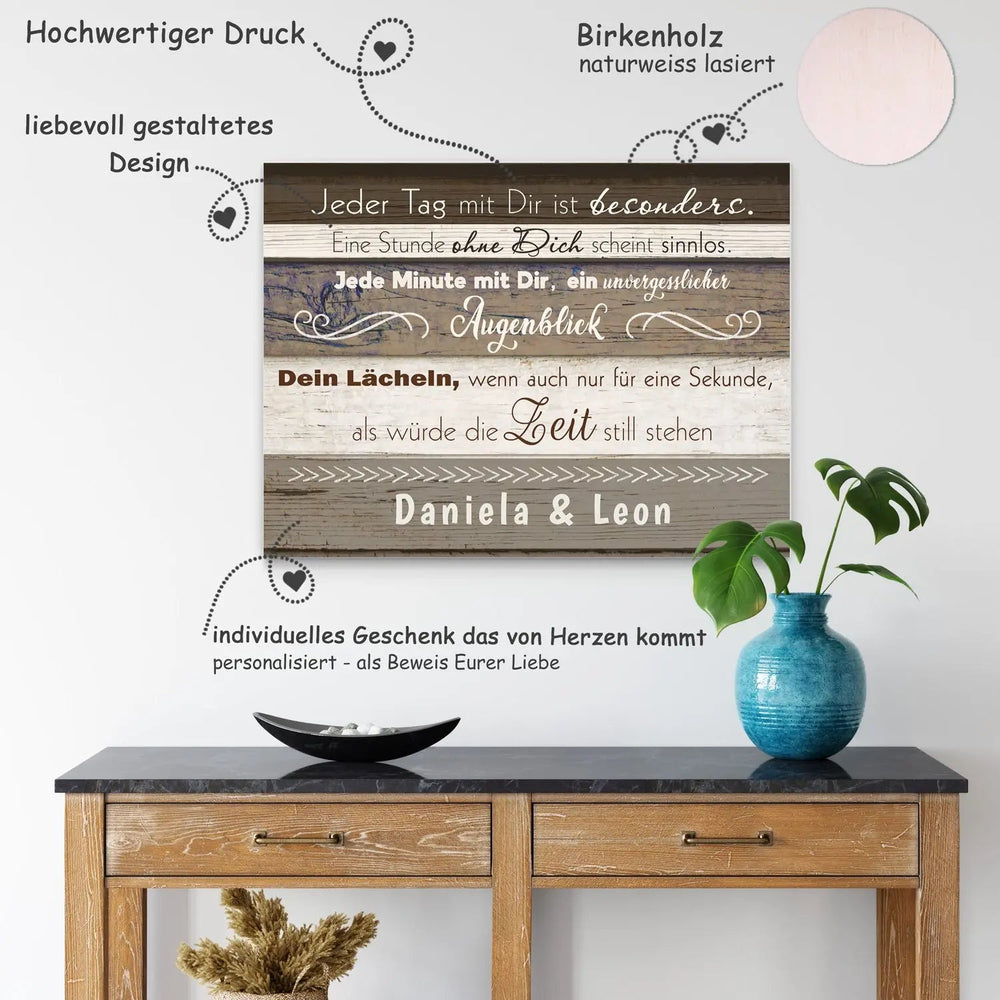 Holzbild Liebe Spruch Jeder Tag mit dir – personalisiert mit Namen - Sunnywall - Individualität trifft Design