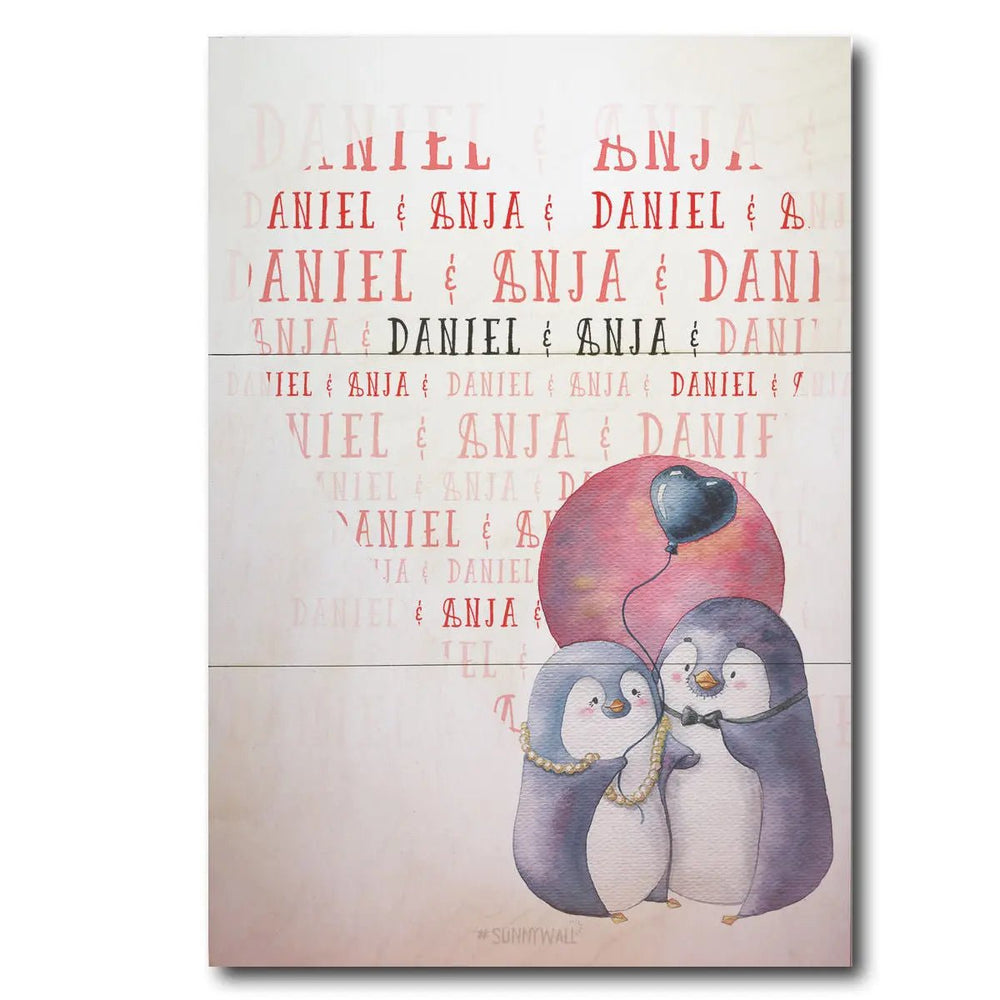 Holzbild Pinguin Liebe – romantisches Design mit Wunschnamen - Sunnywall - Individualität trifft Design