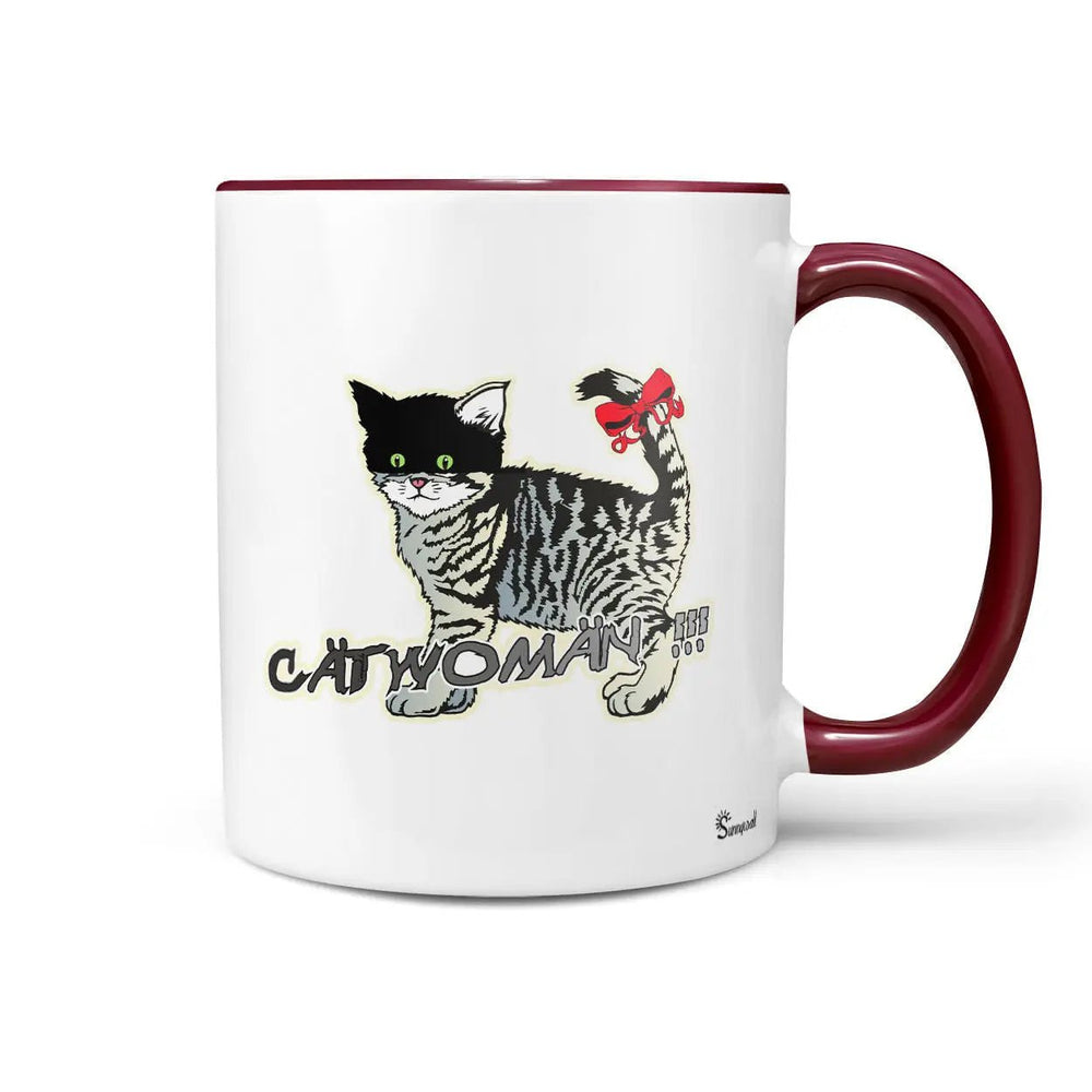 Katzen Tasse Catwoman – freche Kaffeetasse mit Maske & Schleife - Sunnywall - Individualität trifft Design