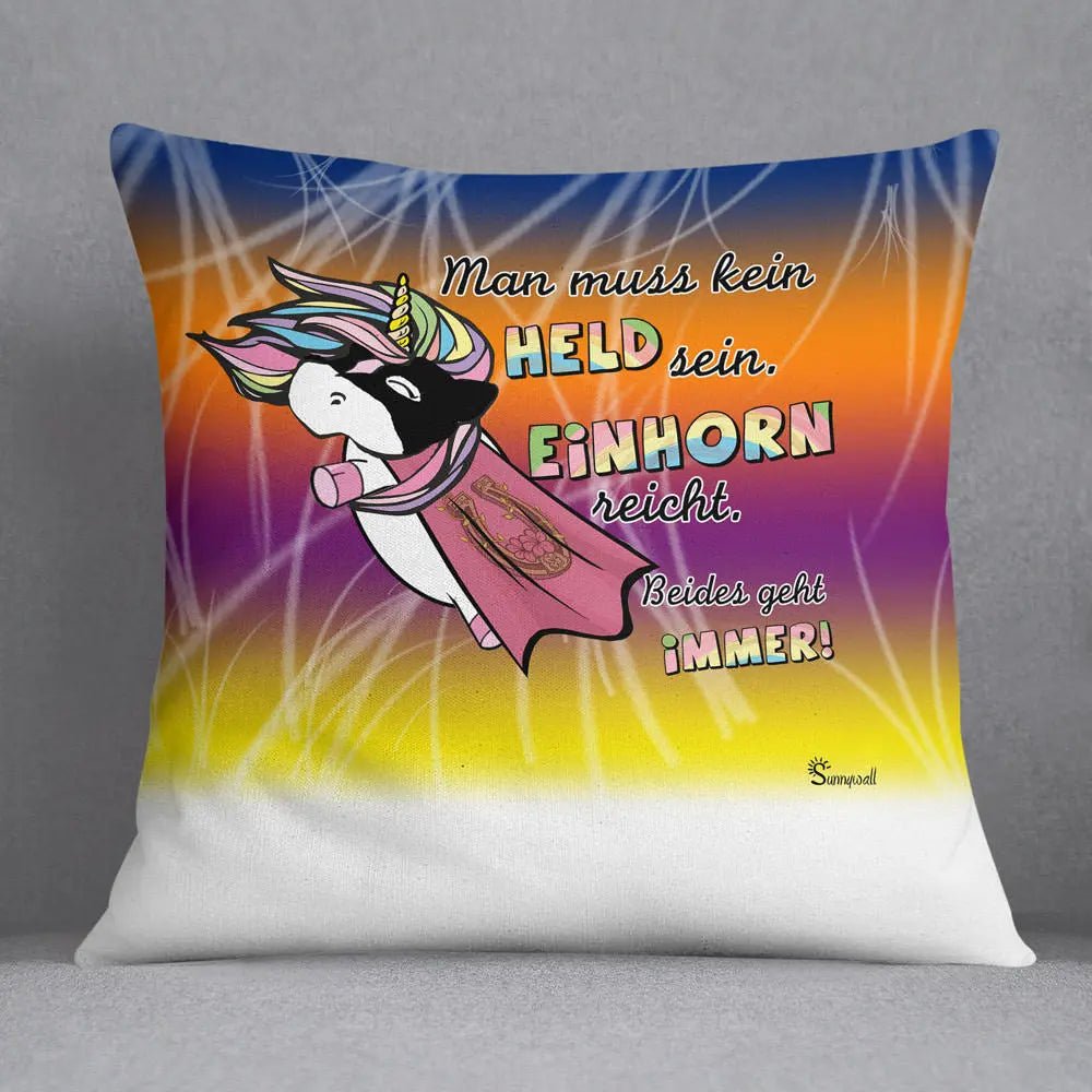 Kissen Einhorn Held – Buntes Superhelden-Kissen mit lustigem Spruch - Sunnywall - Individualität trifft Design