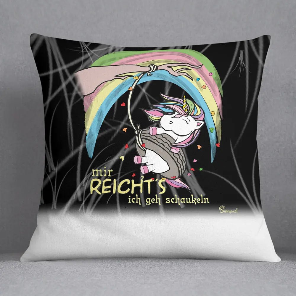 Kissen Einhorn Schaukeln – Lustiges Kissen mit Regenbogen und Spruch - Sunnywall - Individualität trifft Design