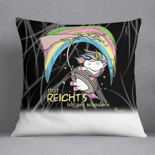 Kissen Einhorn Schaukeln – Lustiges Kissen mit Regenbogen und Spruch - Sunnywall - Individualität trifft Design