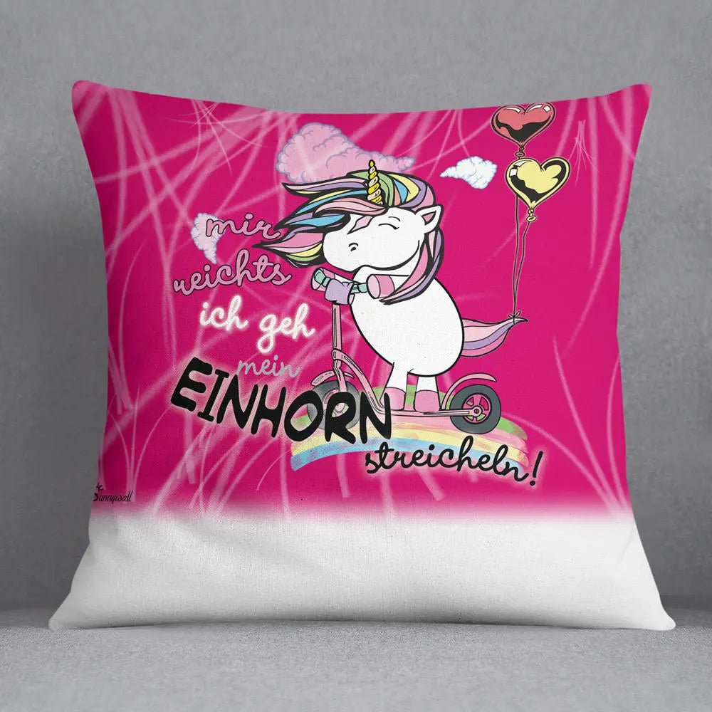 Kissen Einhorn streicheln – Lustiges Spruchkissen mit Roller & Ballons - Sunnywall - Individualität trifft Design