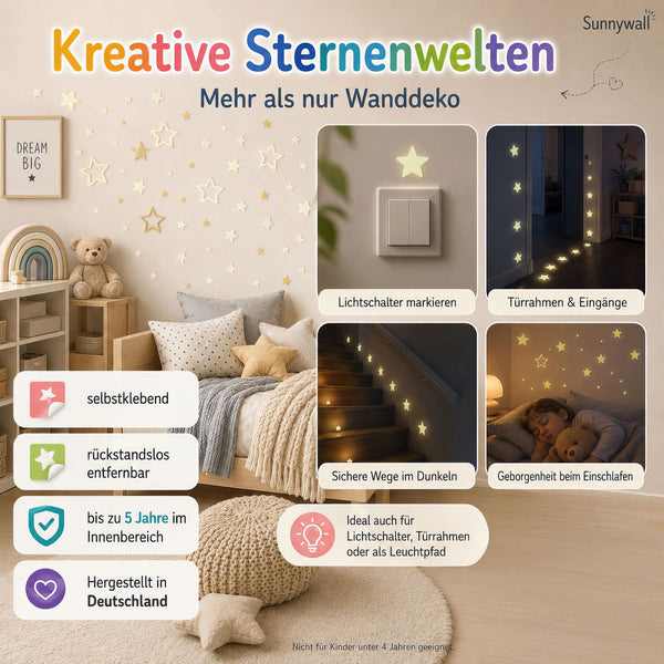 Leuchtsterne Set Kinderzimmer 572 Teile mit Goldsternen - Sunnywall - Individualität trifft Design