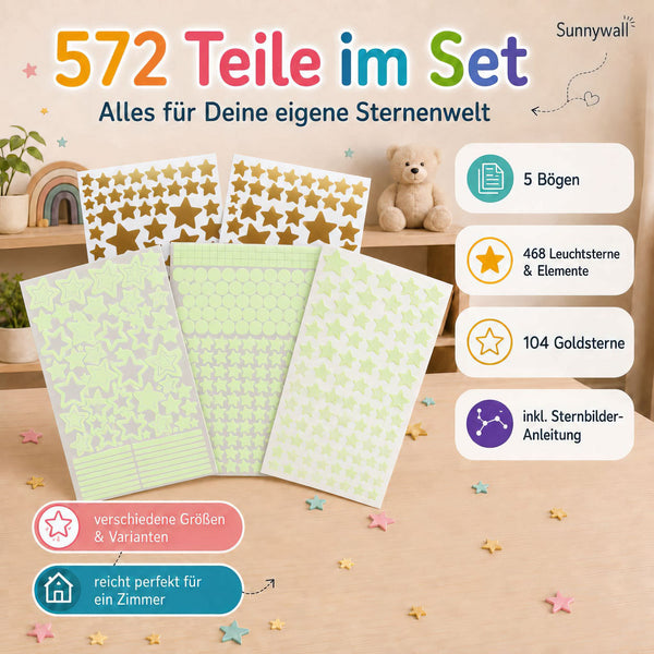 Leuchtsterne Set Kinderzimmer 572 Teile mit Goldsternen - Sunnywall - Individualität trifft Design