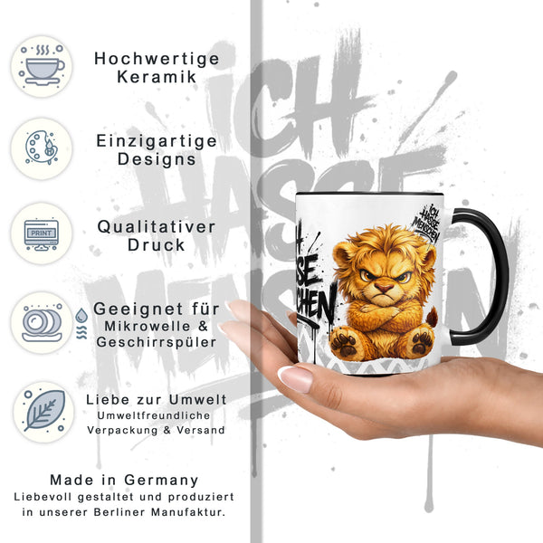 Löwe Tasse „Ich hasse Menschen“ – Lustige Kaffeetasse - Sunnywall - Individualität trifft Design