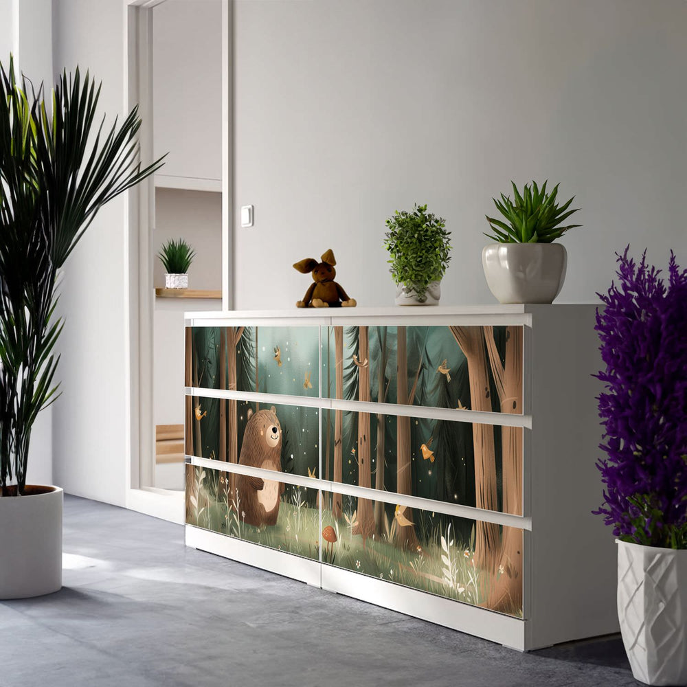 Möbelfolie IKEA Malm Bär – ruhiges Waldmotiv mit Pilzen & Naturillustration - Sunnywall - Individualität trifft Design