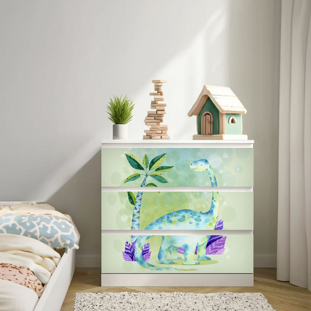 Möbelfolie IKEA Malm Dino Kids Langhals – verspieltes Dinosaurier-Design für Kinder - Sunnywall - Individualität trifft Design
