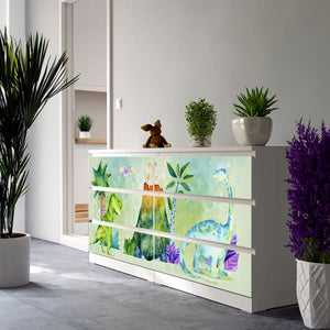 Möbelfolie IKEA Malm Dino T-Rex – fröhliches Aquarell-Design fürs Kinderzimmer - Sunnywall - Individualität trifft Design