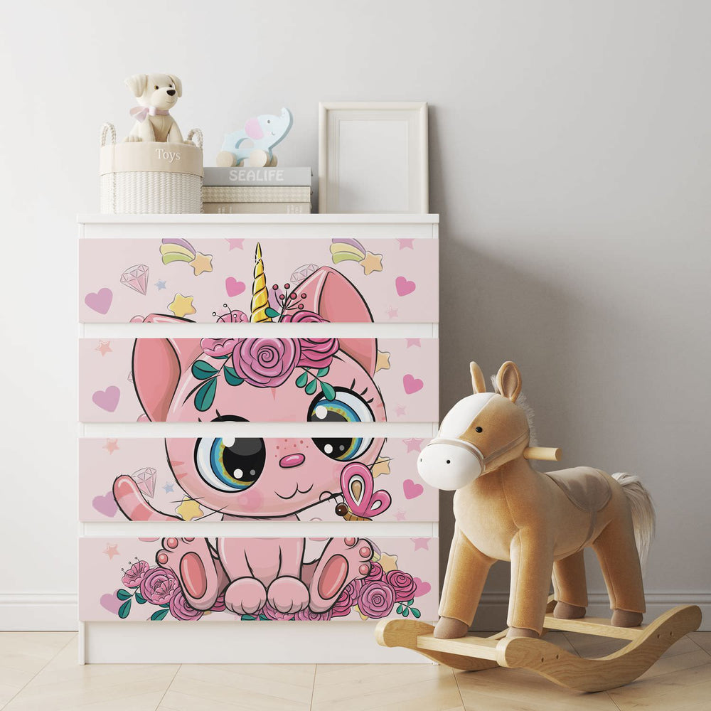 Möbelfolie IKEA Malm Einhorn Katze – niedlich & modern für Kinderzimmer - Sunnywall - Individualität trifft Design