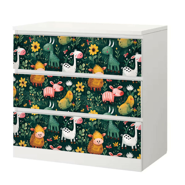 Möbelfolie IKEA Malm Farmtiere – fröhliches Bauernhof-Pattern fürs Kinderzimmer - Sunnywall - Individualität trifft Design