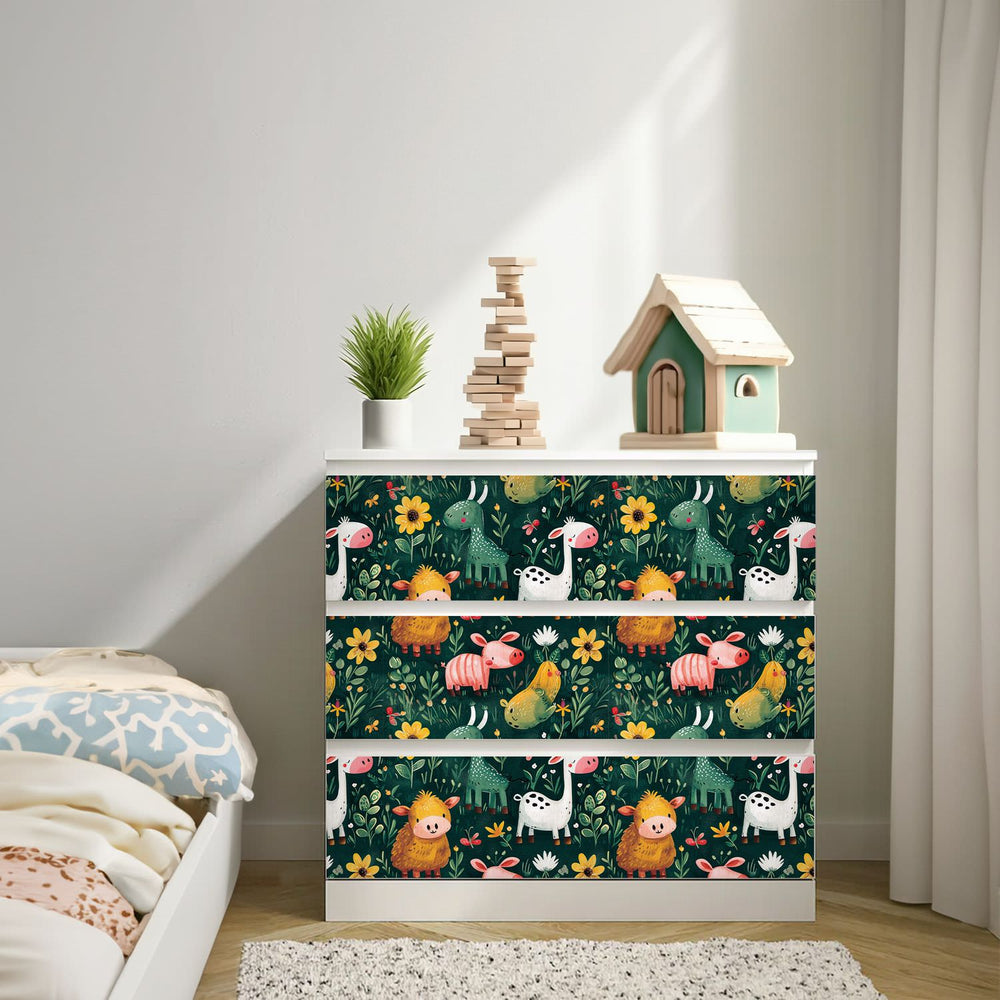 Möbelfolie IKEA Malm Farmtiere – fröhliches Bauernhof-Pattern fürs Kinderzimmer - Sunnywall - Individualität trifft Design