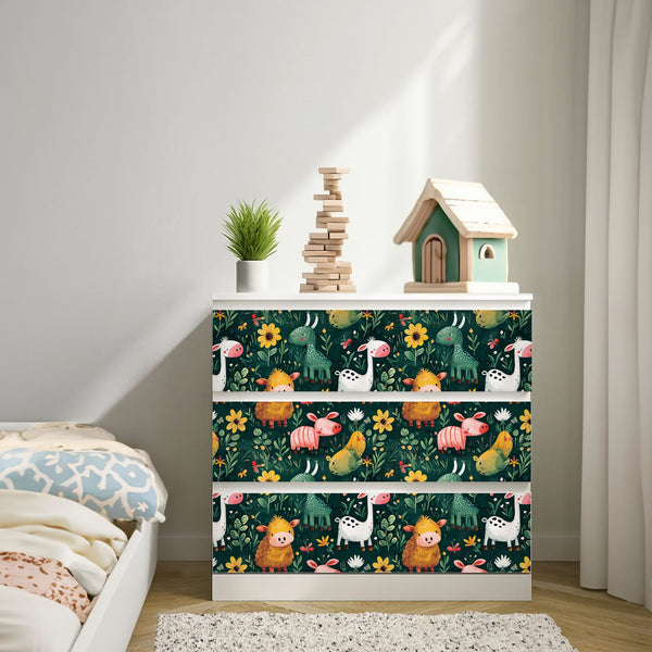 Möbelfolie IKEA Malm Farmtiere – fröhliches Bauernhof-Pattern fürs Kinderzimmer - Sunnywall - Individualität trifft Design