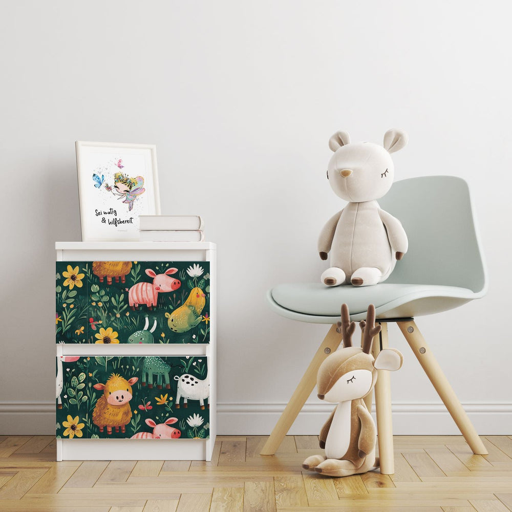 Möbelfolie IKEA Malm Farmtiere – fröhliches Bauernhof-Pattern fürs Kinderzimmer - Sunnywall - Individualität trifft Design