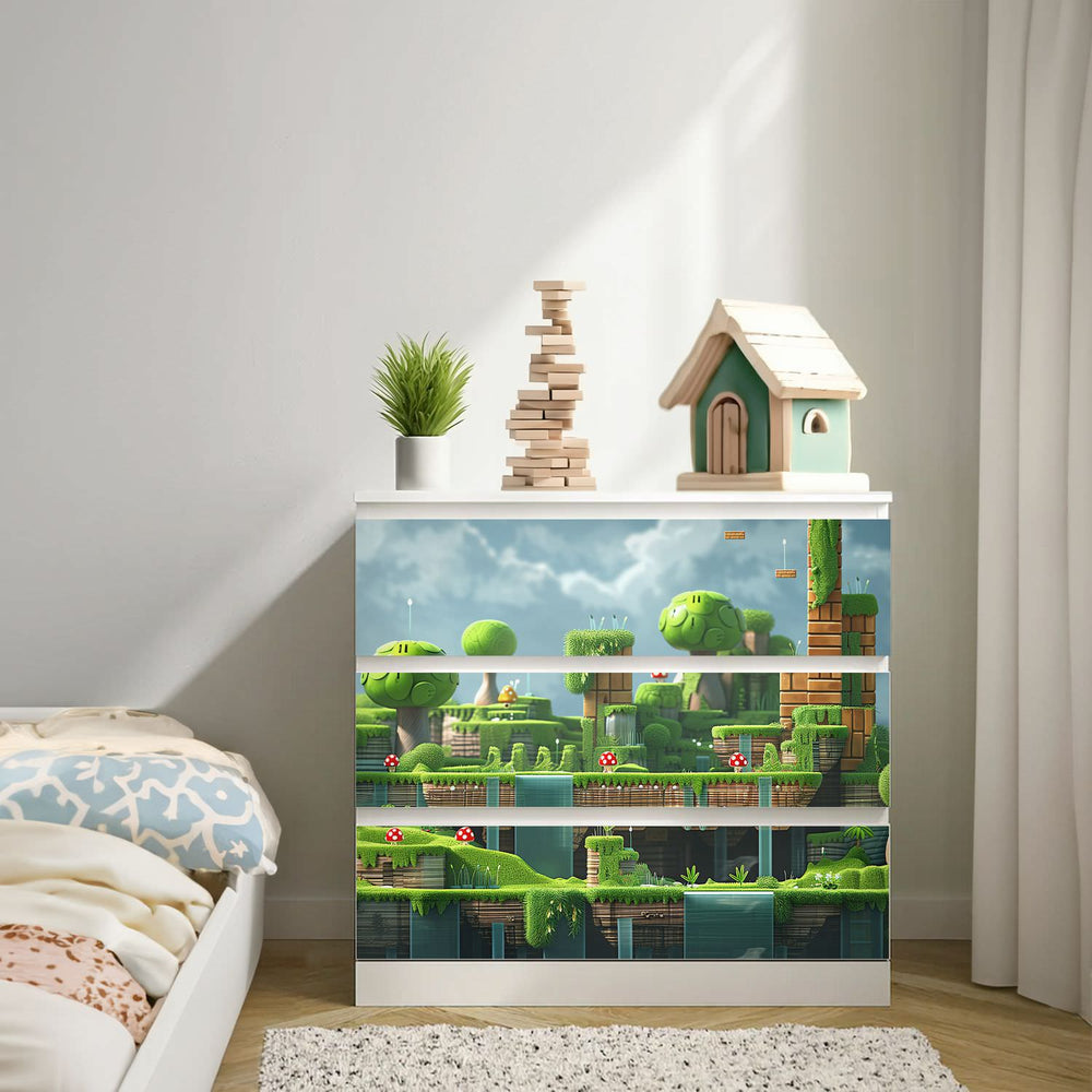 Möbelfolie IKEA Malm Game Level – Flusswald-Motiv im Pixel-Style - Sunnywall - Individualität trifft Design