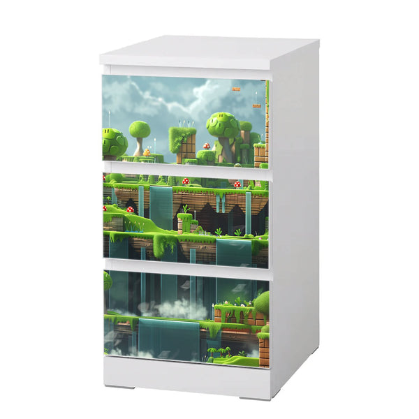 Möbelfolie IKEA Malm Game Level – Flusswald-Motiv im Pixel-Style - Sunnywall - Individualität trifft Design