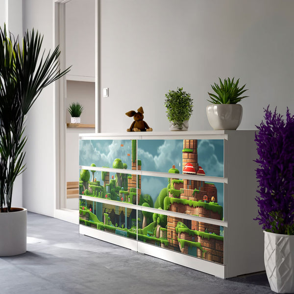 Möbelfolie IKEA Malm Game Level – Flusswald-Motiv im Pixel-Style - Sunnywall - Individualität trifft Design