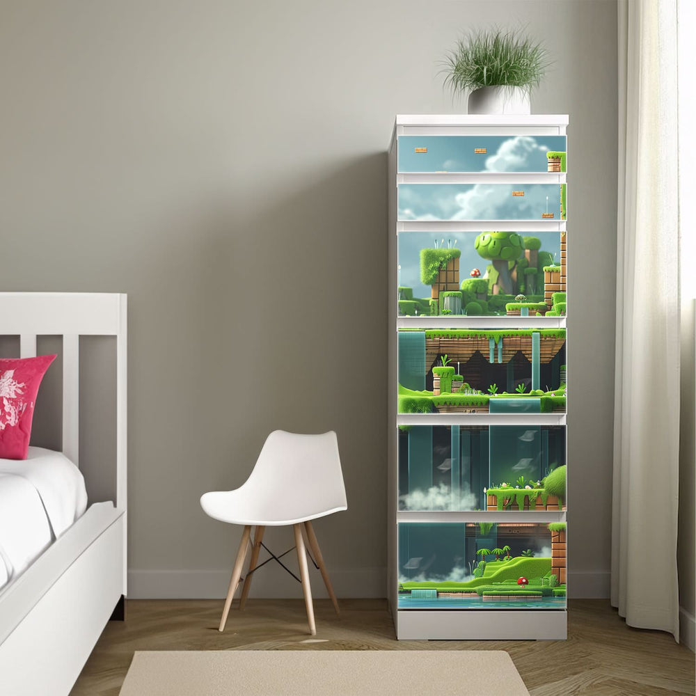 Möbelfolie IKEA Malm Game Level – Flusswald-Motiv im Pixel-Style - Sunnywall - Individualität trifft Design