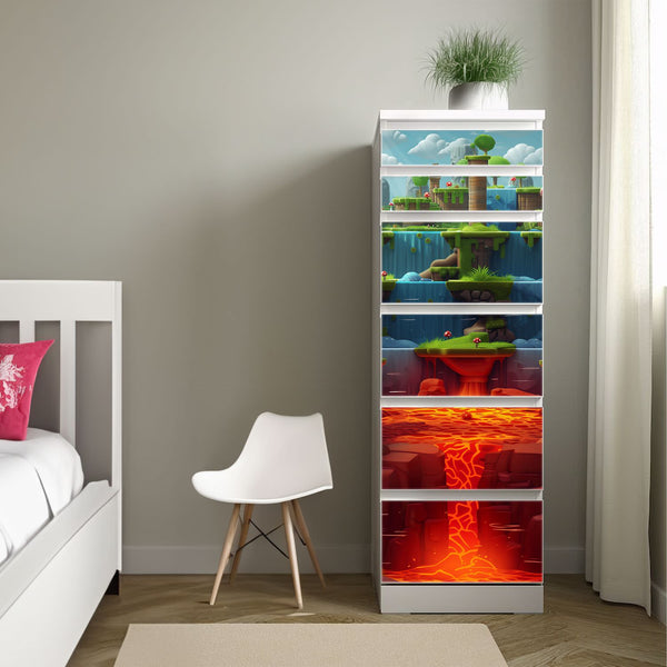 Möbelfolie IKEA Malm Game Level Lava – Plattformwelt mit Feuer, Gestein & Lavafluss - Sunnywall - Individualität trifft Design